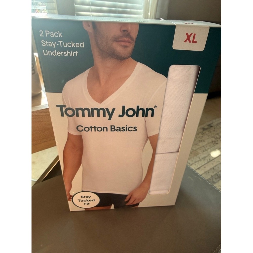 Tommy John Stay-Tucked Undershirt 2 Pack XL White Deep V-Neck Cotton Basics NIB